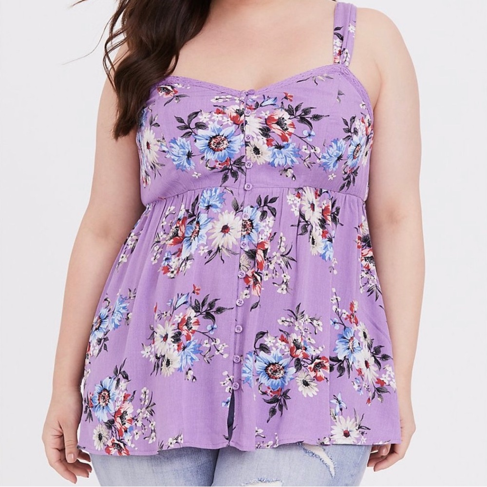 Torrid Purple Babydoll Tank with Floral Pattern